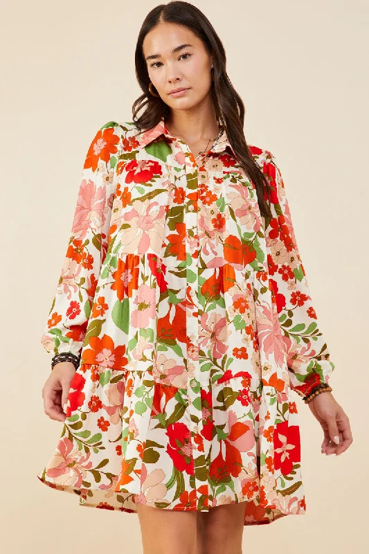 Plus size dresses with muted tones blend well -Retro Floral Button Down Tiered Tunic Dress