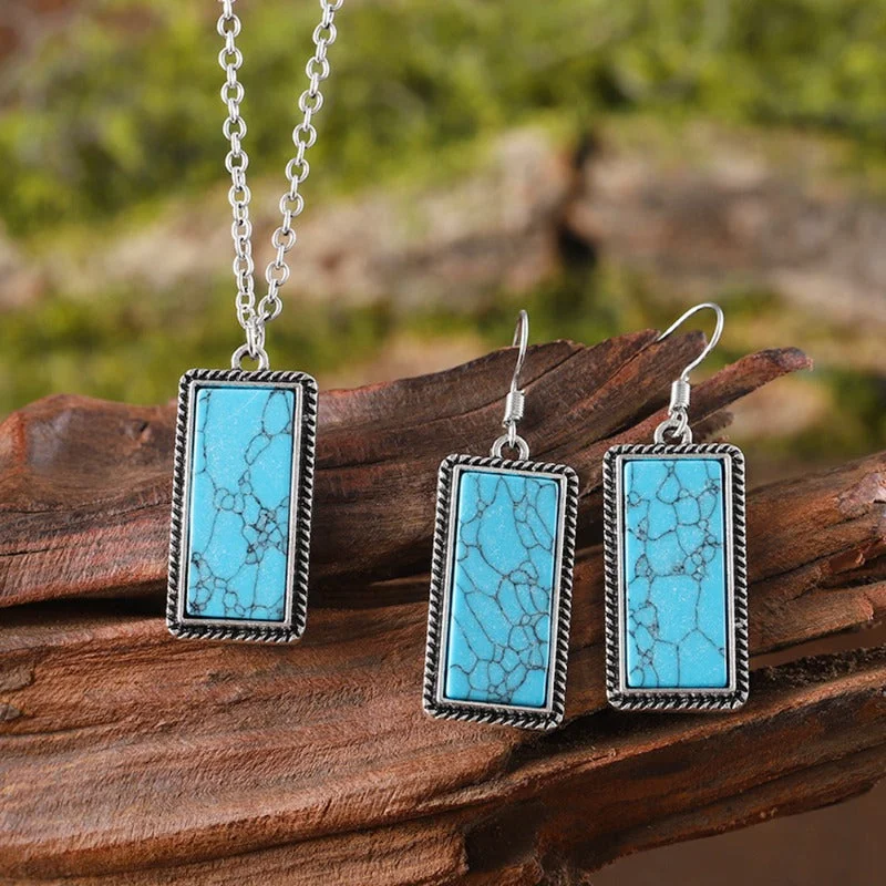 Drop Earrings with Symbolic Elements -Wholesale Bohemian Inlaid Rectangular Turquoise Geometric Pendant Earrings Necklace Set