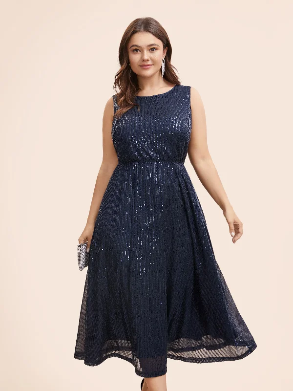 Plus size dresses with unique necklines add flair -Round Neck Sequin Mesh Tank Dress