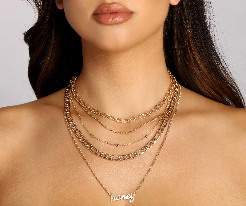 Necklaces and pendants with clear quartz for a pure and radiant look-Honey Charm Layered Chain Link Necklace