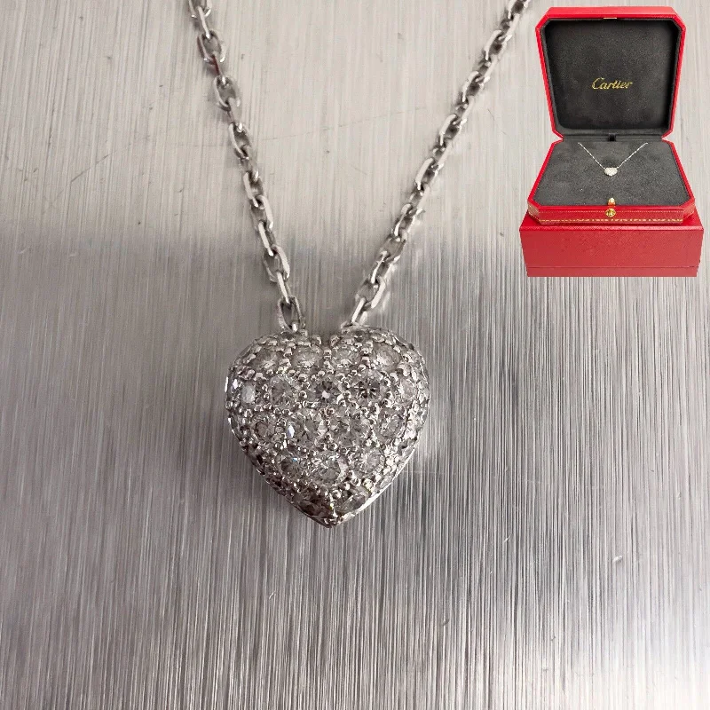 Beautiful necklaces and pendants with natural stones for an earthy, organic vibe-Cartier 18k White Gold Diamond Pave 10mm Heart Pendant Necklace 16" BOX & CERT