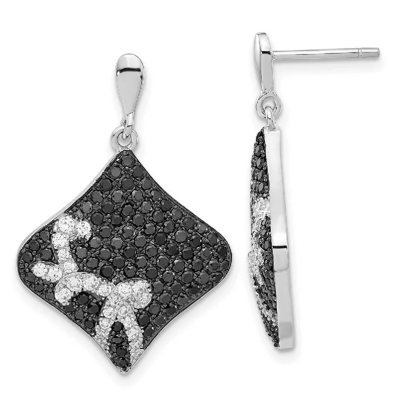 Drop Earrings with Embossed Patterns -Curata 925 Sterling Silver 30.3x20.65mm Black CZ Cubic Zirconia Dangle Post Earrings