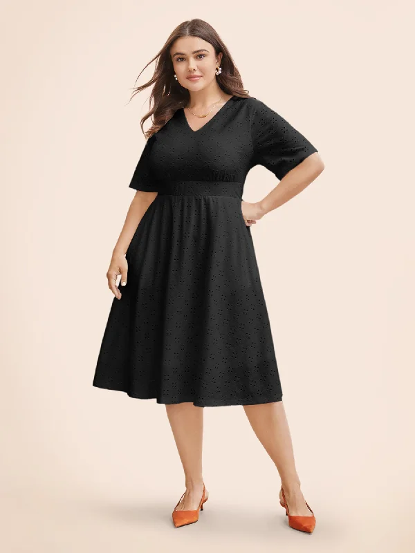 Elegant plus size dresses for weddings fit beautifully -Solid Pocket Laser Cut Surplice Neck Knee Dress