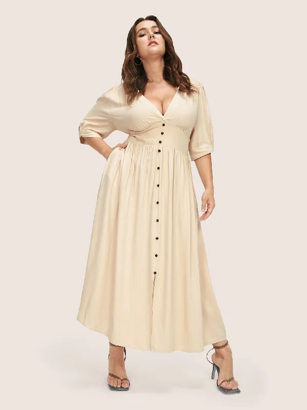 Plus size dresses with short sleeves suit spring -Plunging Neck Button Detail Pocket Maxi Dress