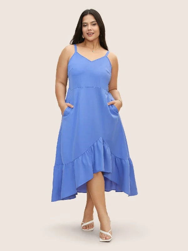 Plus size dresses for rainy days stay practical -Solid Patchwork Ruffle Hem Midi Dress