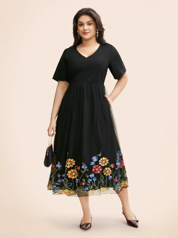 Plus size dresses for trendy vibes stay current -V Neck Floral Embroidered Mesh Dress