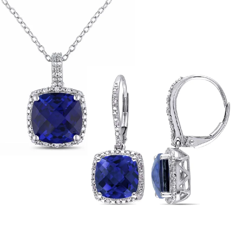 Square Drop Earrings for Modern -Miadora Sterling Silver Created Sapphire and 1/3ct TDW Diamond Square Halo Necklace and Leverback Earrings Set - Blue