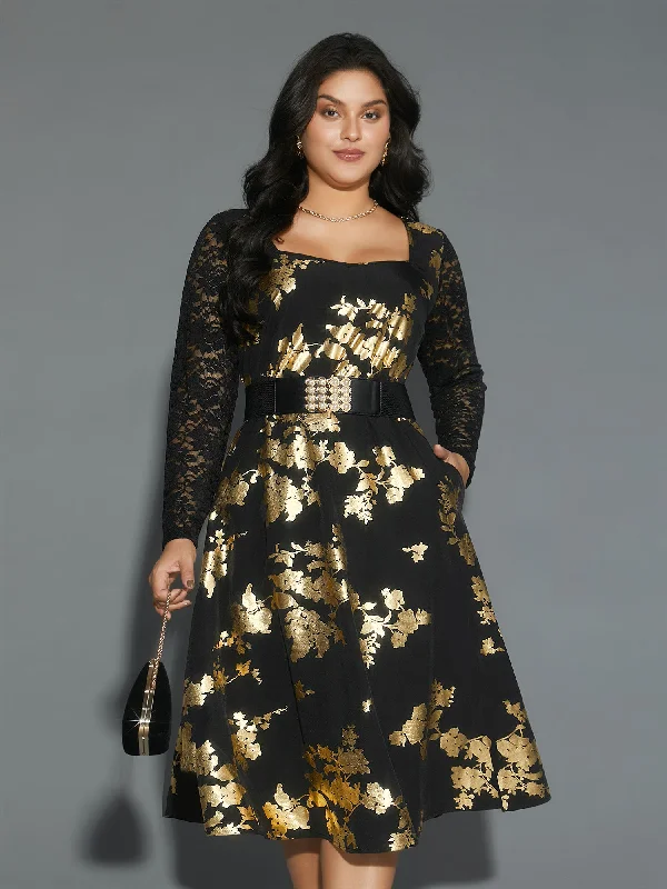 Plus size dresses featuring floral patterns feel fresh -Glitter Floral Crochet Lace Mesh Dress