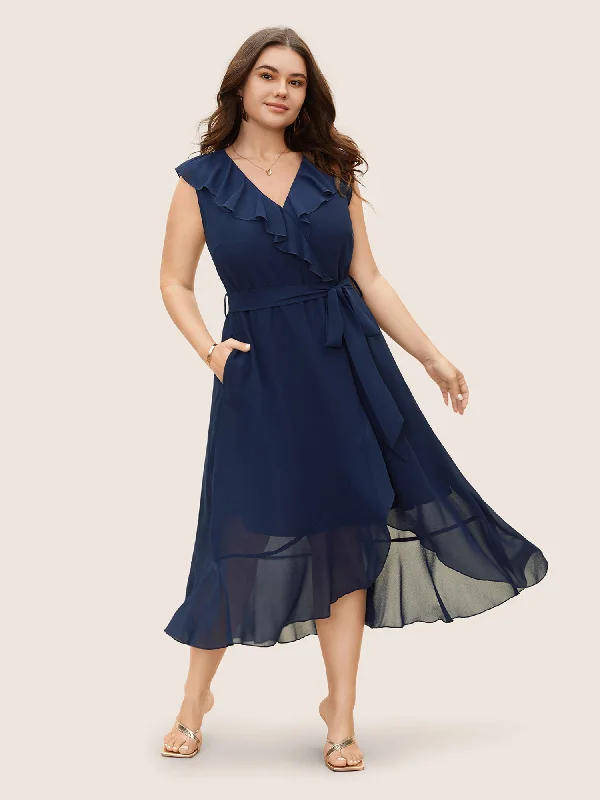 Plus size dresses for outdoor parties stay fun -Chiffon Overlap Collar Ruffle Trim Dress