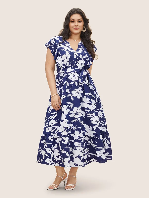 Plus size dresses with supportive linings feel great -Silhouette Floral Print Ruffle Cap Sleeve Dress