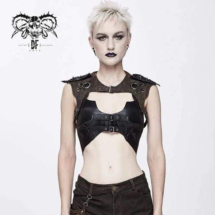 Rhinestone T-Shirts for Bling Look -Women's Punk Straps Faux Leather Bustier Tops