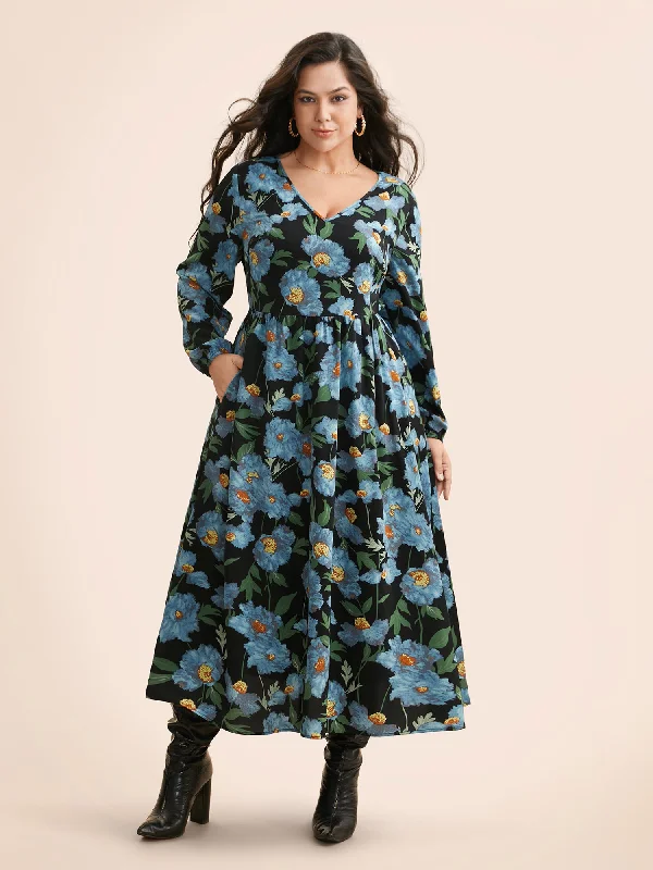 Plus size dresses featuring glitter accents sparkle bold -V Neck Floral Print Elastic Waist Dress