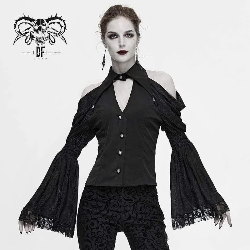 Polyester T-Shirts for Durable Wear -Women's Gothic Off-shoulder V-neck Flare Sleeve Shirts