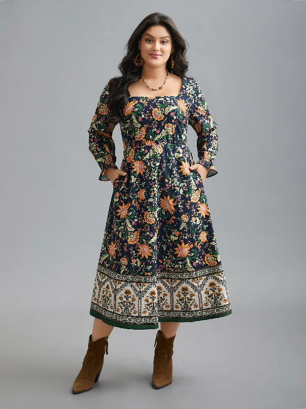 Plus size dresses with short sleeves suit spring -Square Neck Floral Boho Print Midi Dress