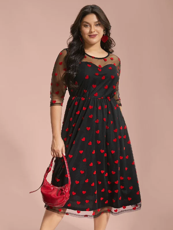 Plus size dresses featuring polka dots feel playful -Flocking Heart Mesh Patchwork Midi Dress