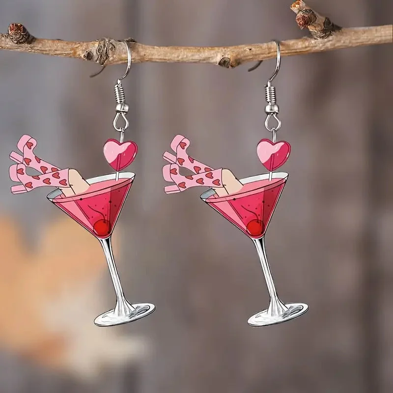 Heavy Duty Drop Earrings for Durability -Wholesale Valentine's Day Limited Pink Heart Wine Glass Acrylic Party Creative Design Earrings