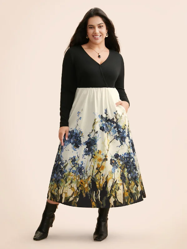 Plus size dresses featuring beadwork dazzle quietly -Watercolor Floral Print Patchwork Midi Dress