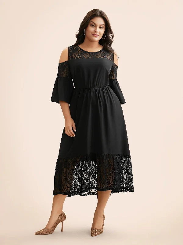 Plus size dresses with cap sleeves feel dainty -Crochet Lace Mesh Ruffle Sleeve Dress