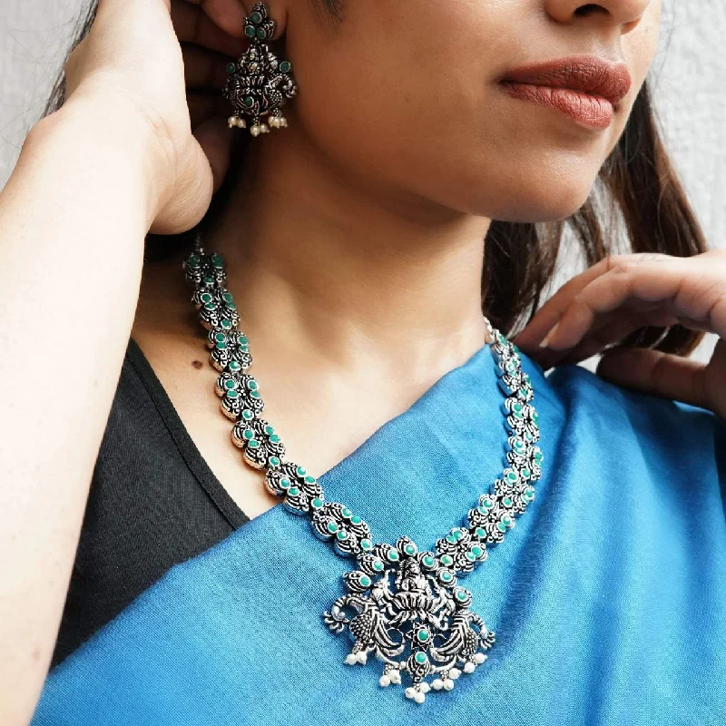 Trendy necklaces and pendants with geometric shapes for a modern aesthetic-Elegant Oxidized Silver Alloy Goddess Lakshmi Pendant Temple Necklace Jewelry Set