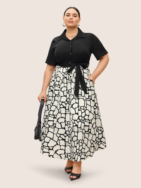 Plus size dresses with sturdy seams last long -Geometric Patchwork Button Up Belted Dress