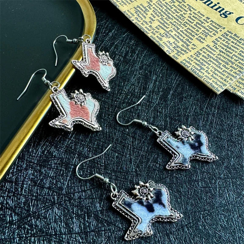 Drop Earrings with Keyhole Designs -Wholesale Western Cowboy Design American Map Shape Niche Noble Ancient Style Earrings