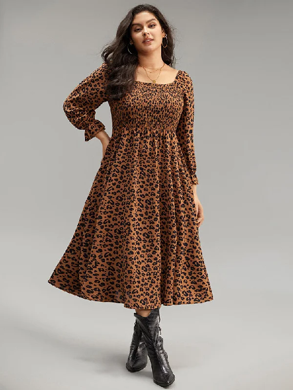 Plus size dresses for fancy nights shine bright -Leopard Print Shirred Square Neck Pocket Dress