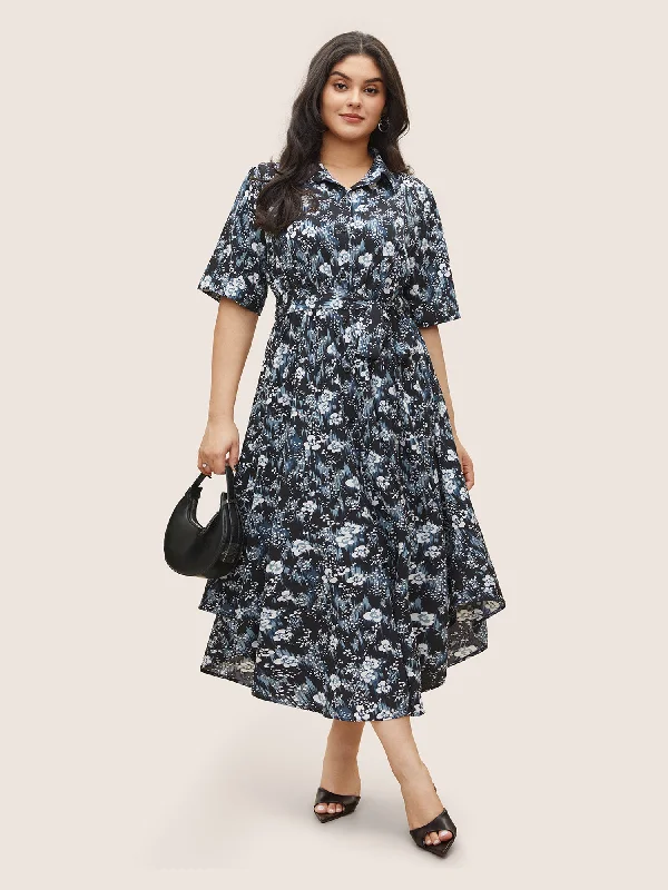 Plus size dresses with comfy flows feel gentle -Ditsy Floral Elastic Waist Belted Shirt Collar Dress