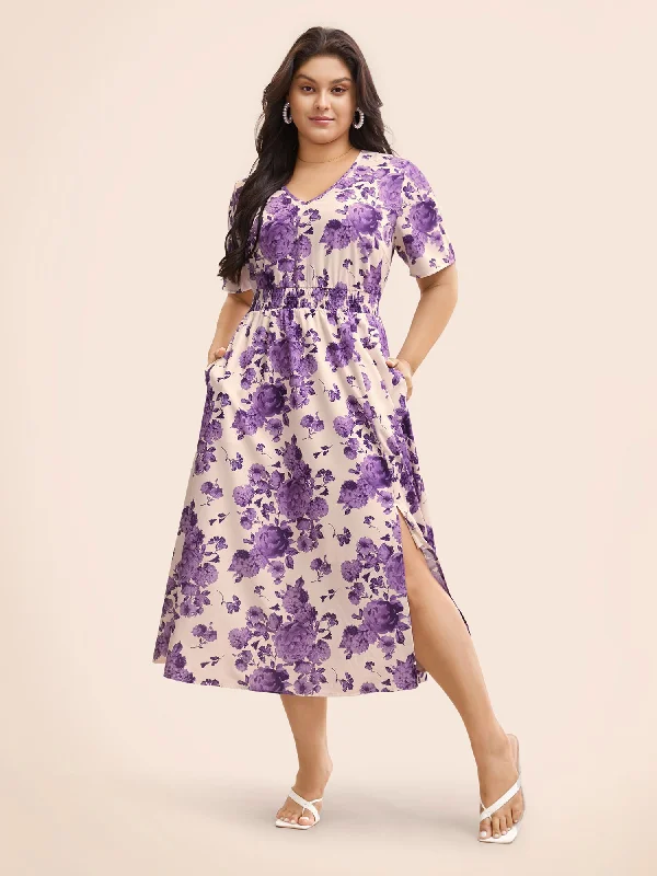 Plus size dresses with adjustable straps fit well -Floral Print Split Side Shirred Dress