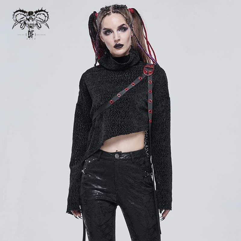 Gray T-Shirts for Subtle Style -Women's Gothic Irregular Turtleneck Crop Top