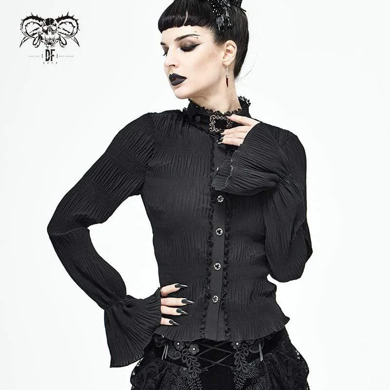 Black T-Shirts for Versatile Use -Women's Gothic Stand-up Collar Puff Sleeved Black Shirt