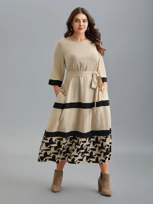 Plus size dresses featuring tiered skirts feel fun -Color-Block Belted Pockets Midi Dress