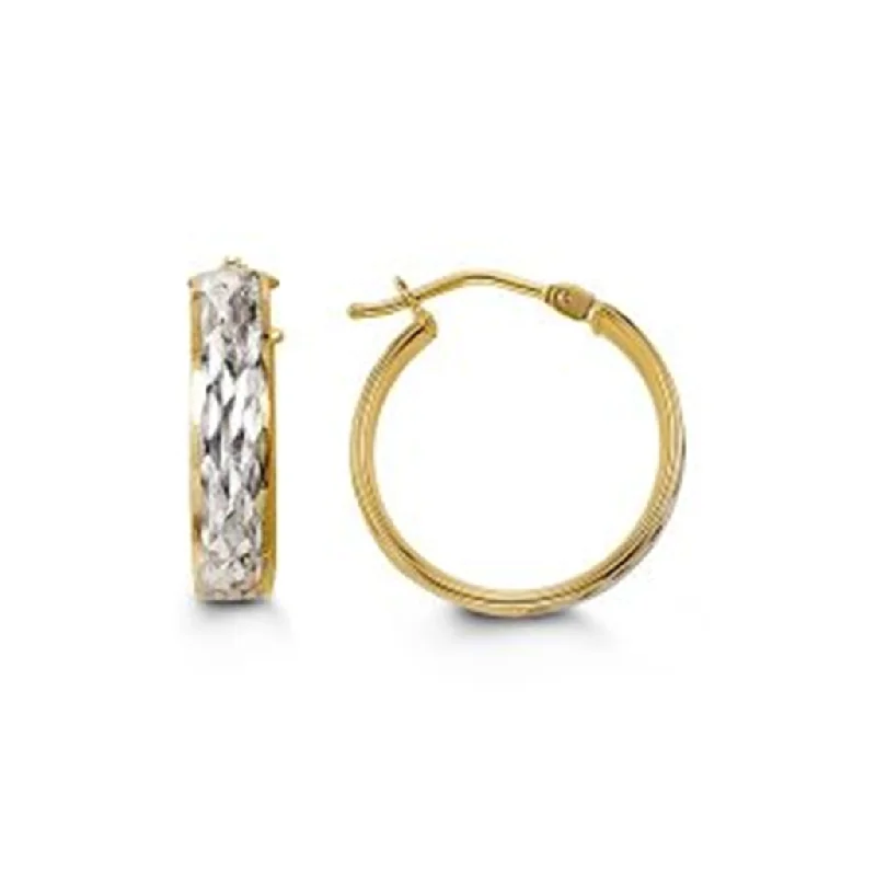 Drop Earrings for Concert Look -10K Two Tone Gold Diamond Cut Wide Huggie Hoop Earrings