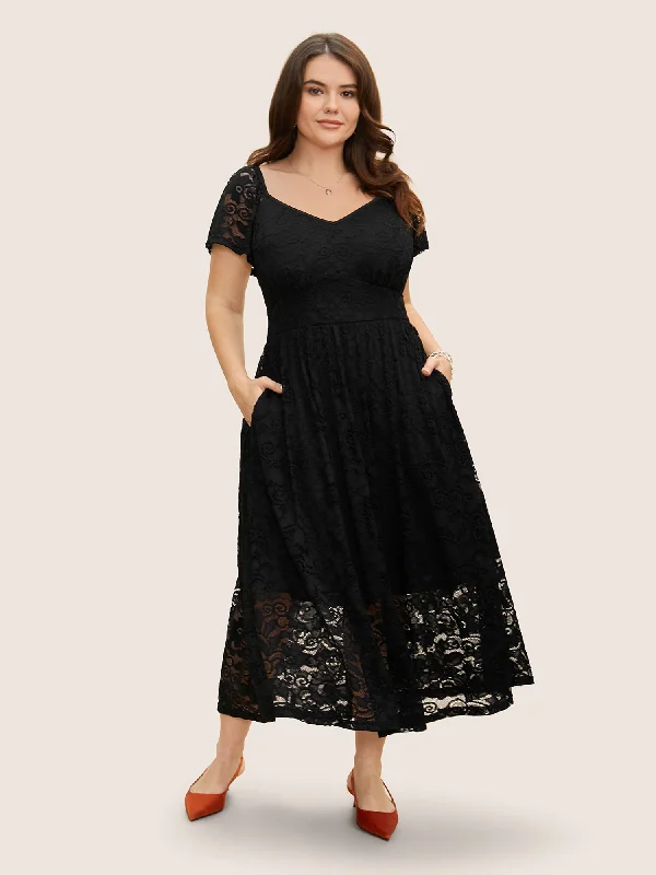 Plus size dresses with lightweight knits feel breezy -Heart Neckline Crochet Lace Mesh Flutter Sleeve Dress