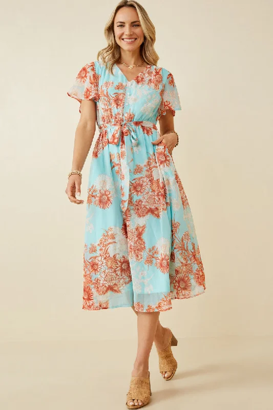 Plus size dresses featuring lace details feel romantic -Floral Button Detail Belted V Neck Dress