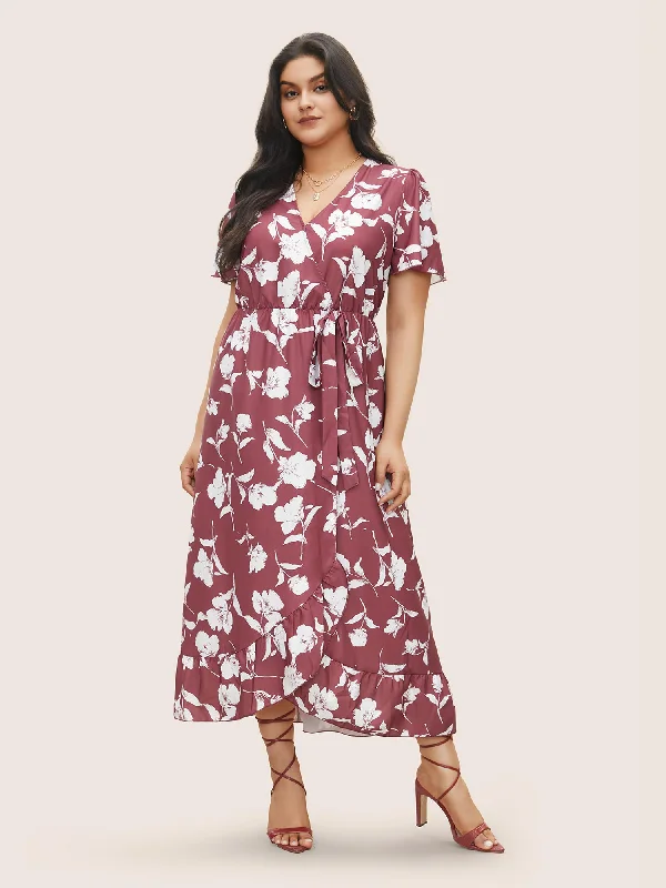 Plus size dresses with adjustable straps fit well -Floral Ruffle Knot Side Wrap Dress