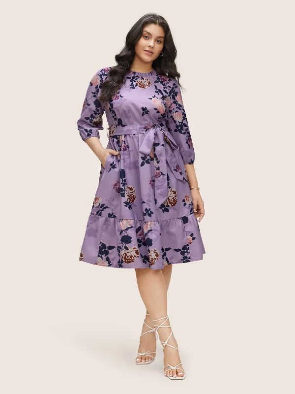 Plus size dresses for elegant dinners glow softly -Floral Print Belted Pocket Frill Trim Dress