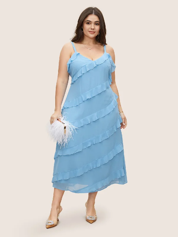 Plus size dresses for evening wear glow softly -V Neck Ruffle Trim Elastic Waist Cami Dress