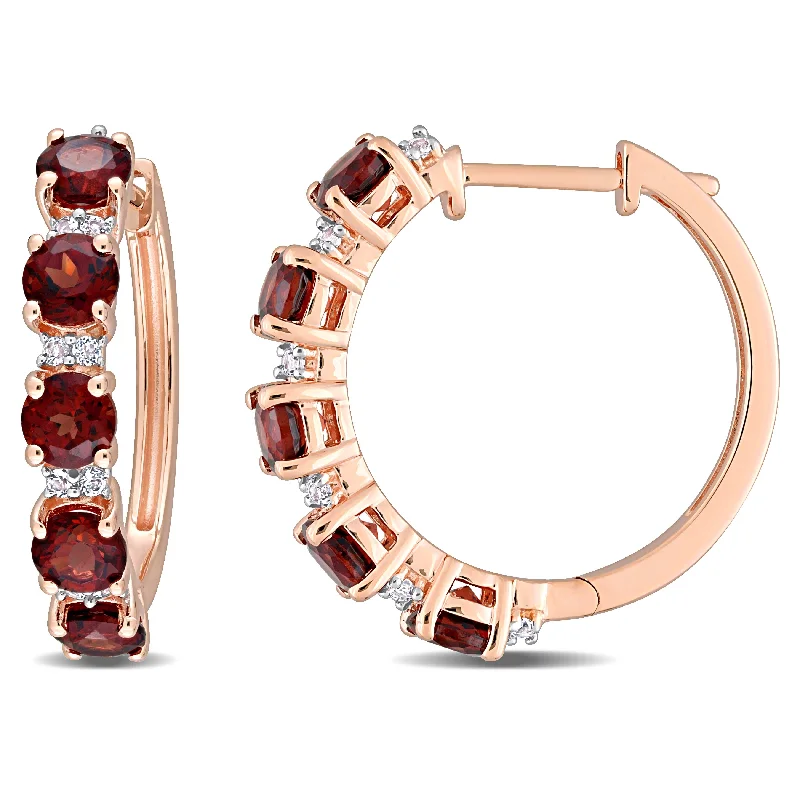 Lead Free Drop Earrings for Health -Miadora Garnet and White Topaz Hoop Earrings in Rose Plated Sterling Silver