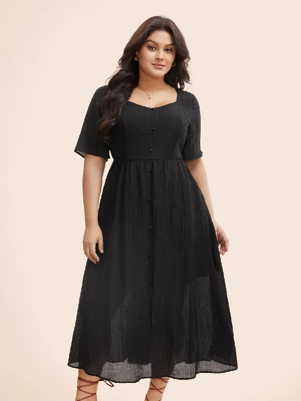 Plus size dresses featuring glitter accents sparkle bold -Plain Textured Button Detail Maxi Dress