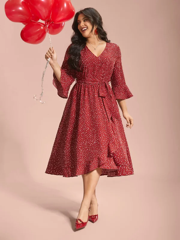 Plus size dresses for work stay professional always -Polka Dots Waist-Tie Ruffled Midi Dress