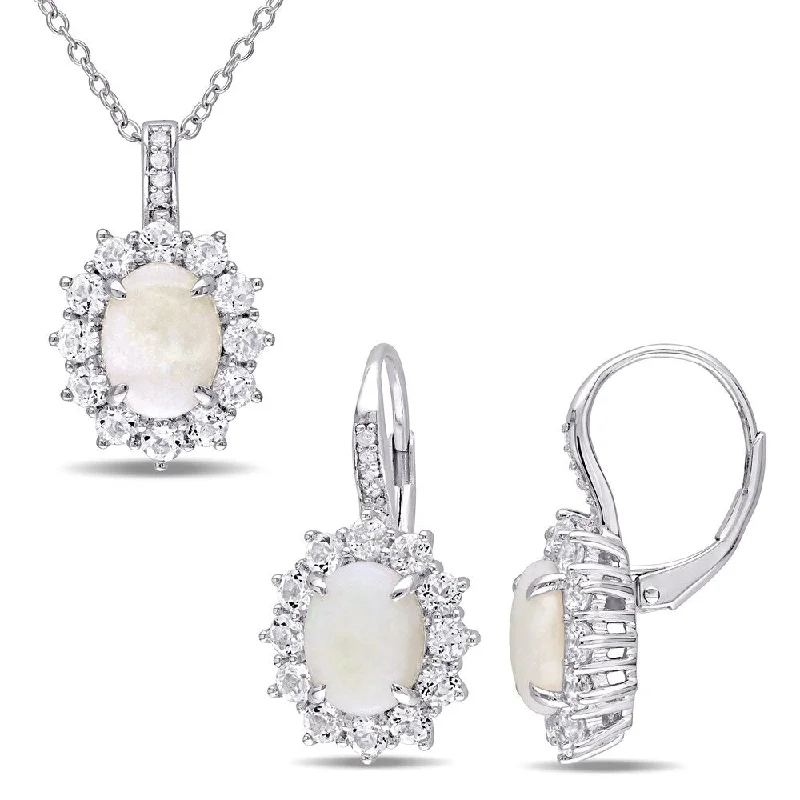 Clip On Drop Earrings for Non Pierced -Miadora Sterling Silver Opal White Topaz and Diamond Halo Necklace and Earrings Set