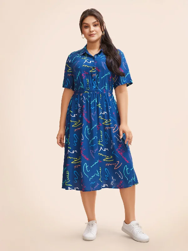 Plus size dresses featuring fringe accents feel bold -Scribble Print Elastic Waist Midi Shirt Dress