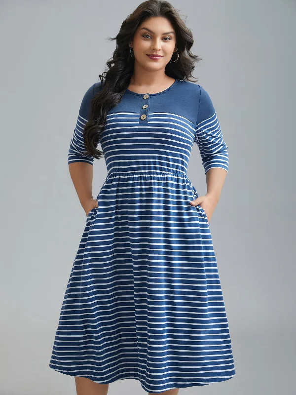 Plus size dresses in soft fabrics feel cozy -Colorblock Striped Waist-Cinched Midi Dress