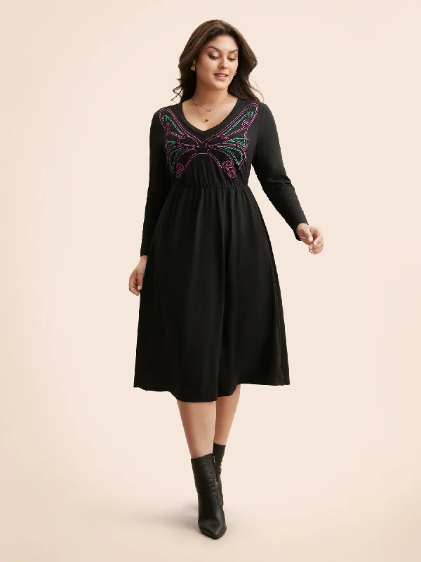 Plus size dresses with scoop necklines feel classic -Butterfly Embroidered V Neck Midi Dress