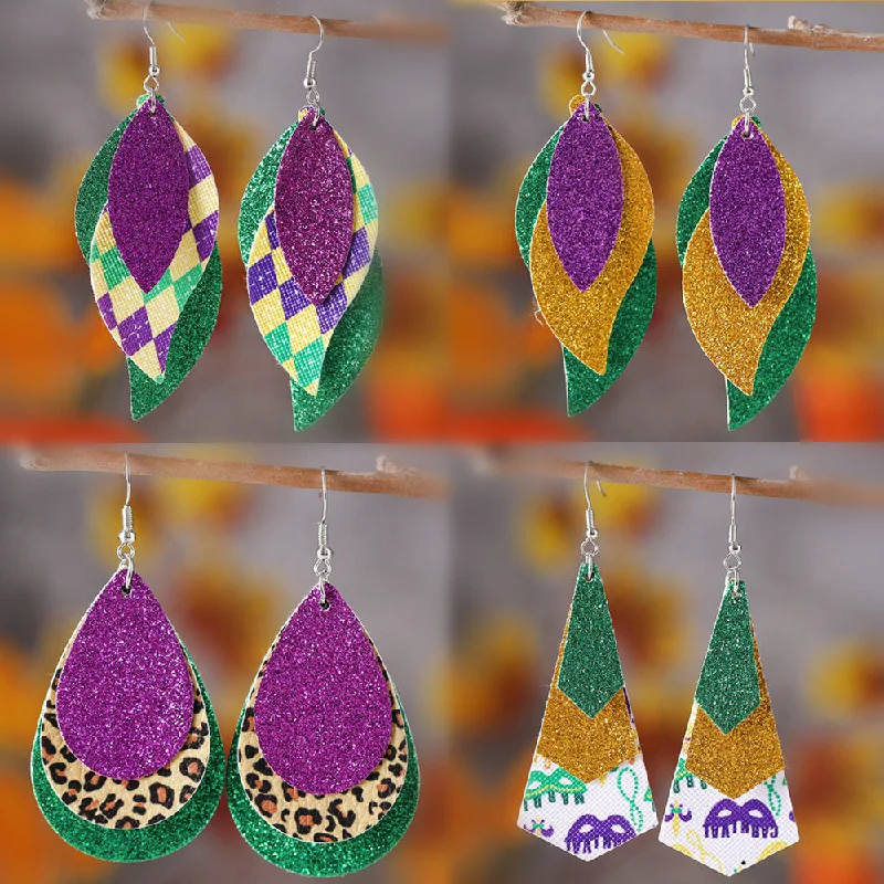 Drop Earrings for Work Attire -Wholesale new carnival green yellow purple sequins glitter 3 layer PU leather pendant earrings fashion carnival earrings