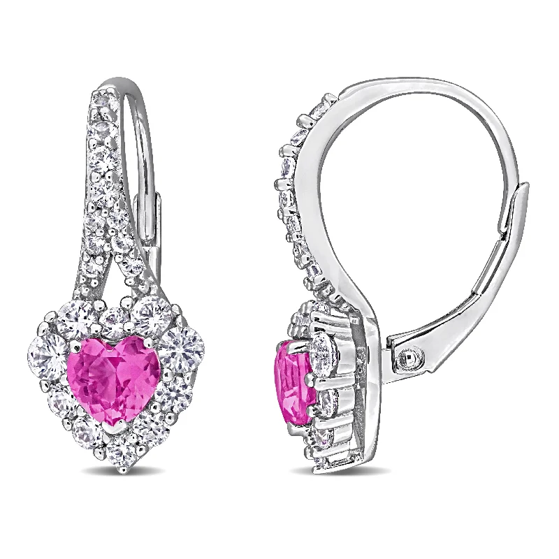 Drop Earrings for Anniversary -Miadora 2 1/3ct TGW Created Pink Sapphire Created White Sapphire LeverBack Earrings in Sterling Silver