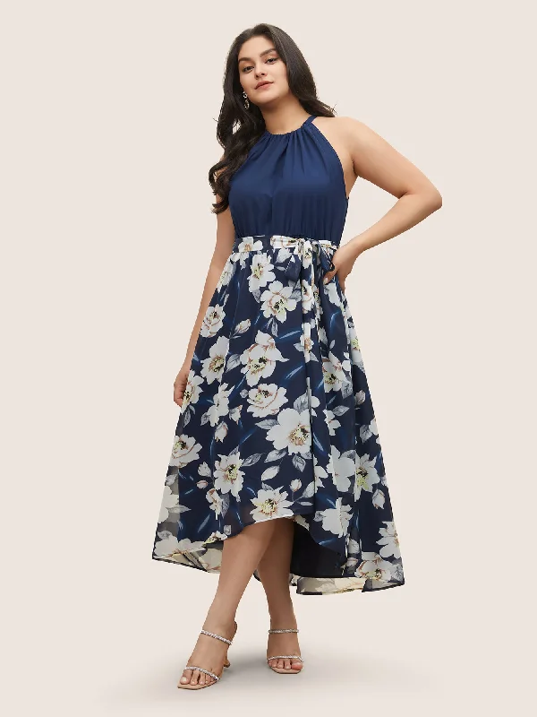 Plus size dresses featuring ombre effects look artsy -Floral Patchwork Halter Ties High Low Hem Dress