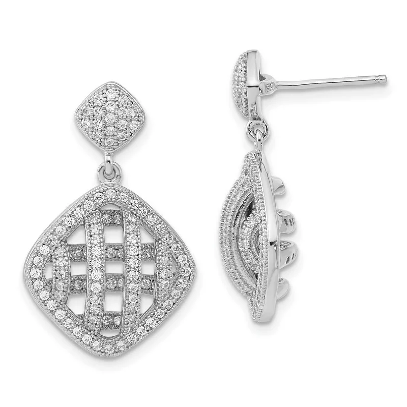 Vintage Drop Earrings with Patina -Curata 925 Sterling Silver 24x16mm Pave CZ Cubic ZirconiaFancy Polished Dangle Post Earrings