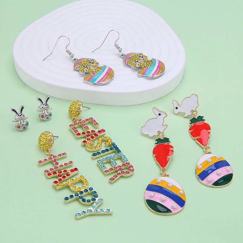 Retro Drop Earrings for Nostalgia -Wholesale 6pcs Easter earrings creative cartoon rabbit chicken Easter egg earrings spring carnival party jewelry