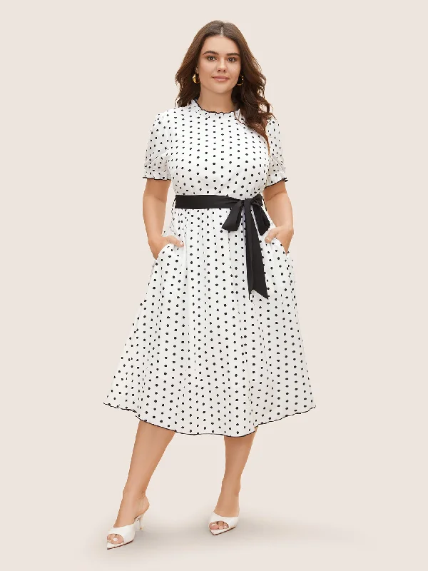 Plus size dresses featuring chiffon layers feel airy -Bow Polka Dot Midi Dress